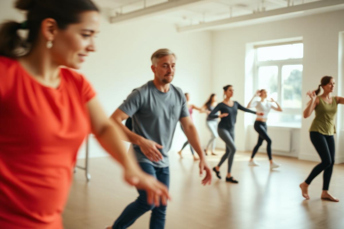 Adults moving together during a group dance class in a bright studio