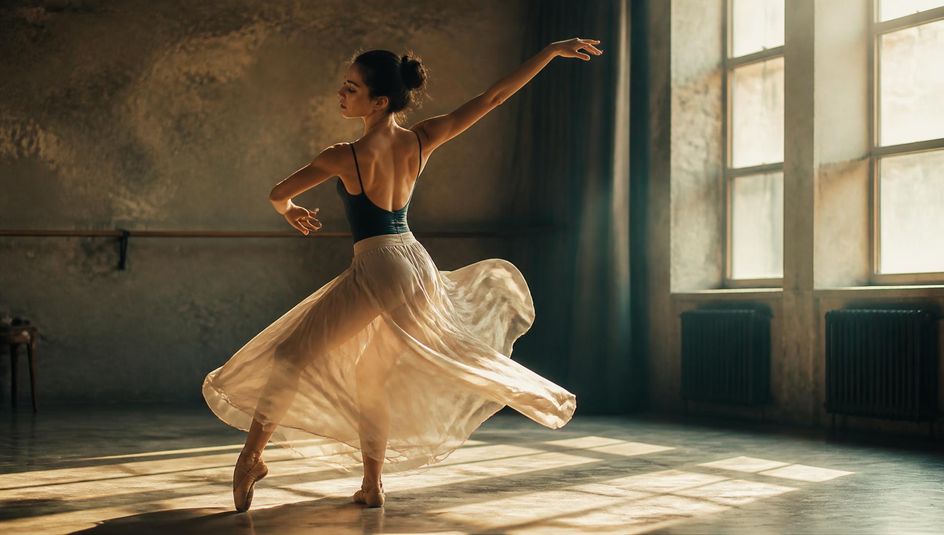 Dancer turning mid-movement in a sunlit rehearsal studio, skirt in motion